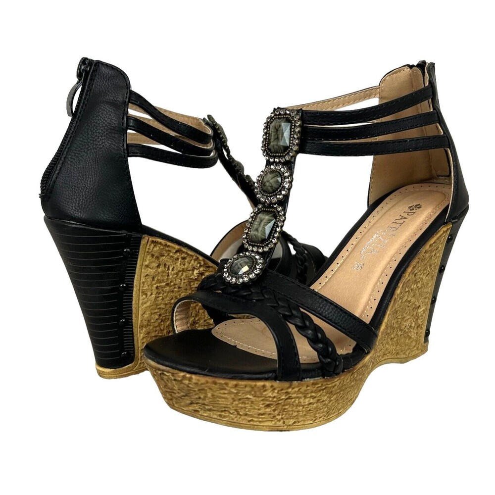 Patrizia by Spring Step Jeweled Wedge Sandals  Women's 5.5  NWOB  Black Platform